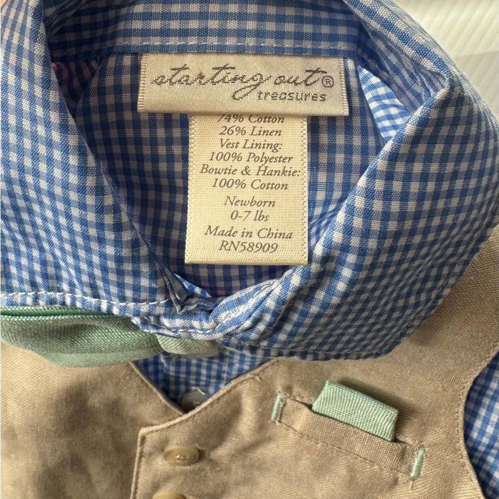 NWT Starting Out Tan Vest and Blue Checkered Shirt with Green Bow Tie